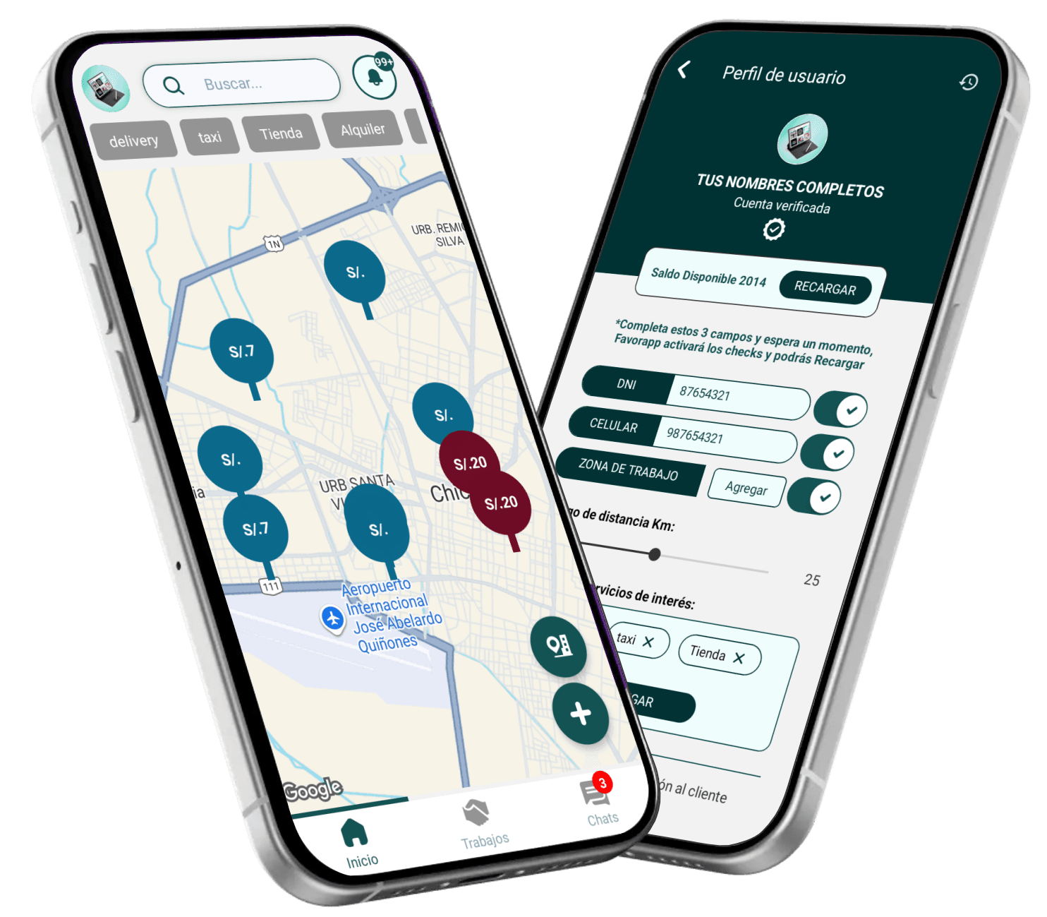 Interfaz móvil de Favorapp mostrando las principales funciones de la aplicación